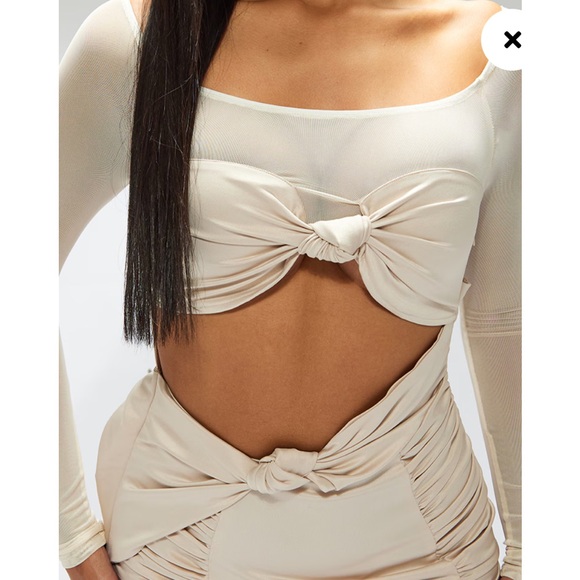 NWT PLT Cream Satin Bardot Twist Front Cut Out Bodycon Dress - Picture 3 of 8